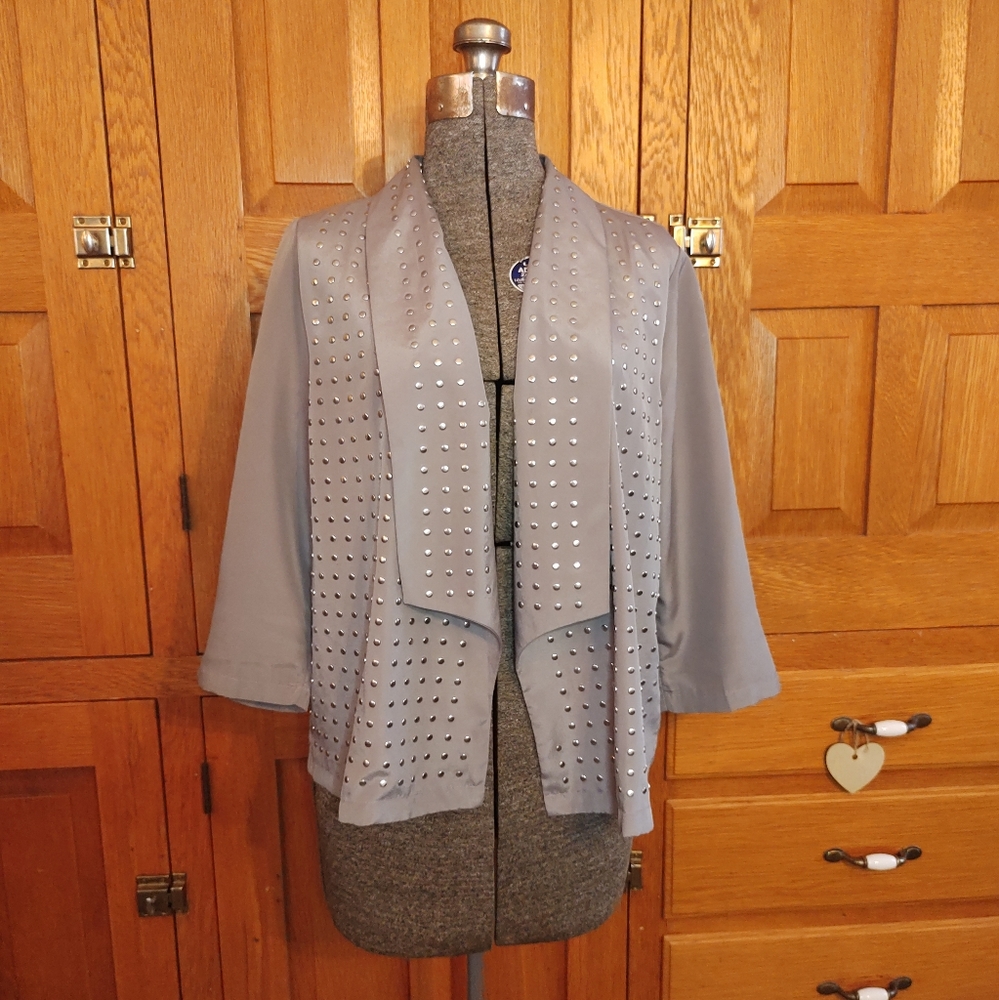 Rock & Republic gray silver studded casual 3/4 sleeve open blazer